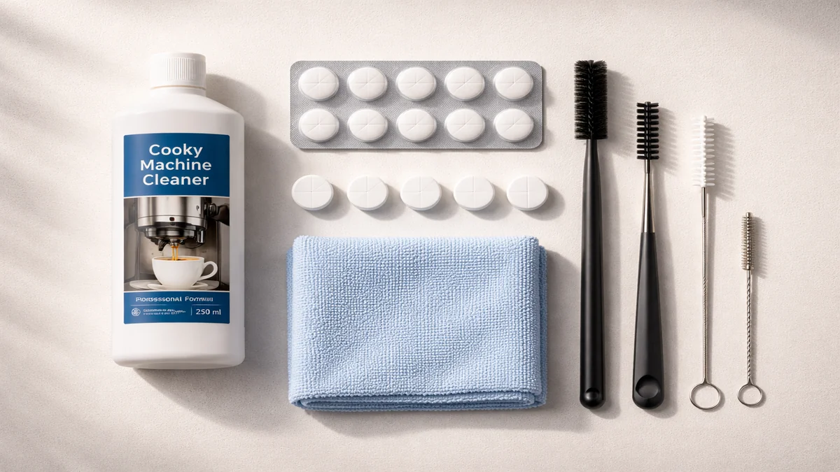 Eine Auswahl an professionellen Reinigungsprodukten für Kaffeemaschinen, darunter Tabletten, Flüssigreiniger und Bürsten.