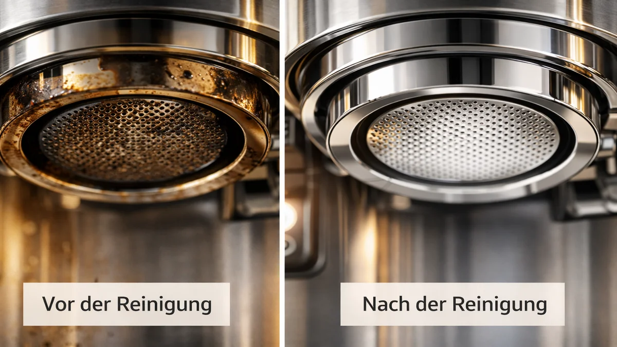 Gegenüberstellung von Kaffeefett-Rückständen und einer sauberen Kaffeemaschine nach der Reinigung.